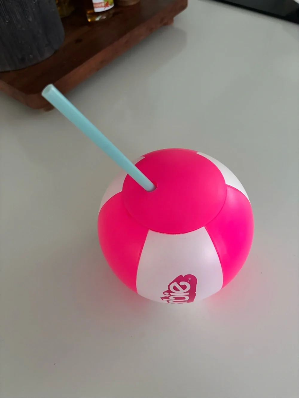Barbie Bright Pink and White Round Drink Cup with Mint Straw